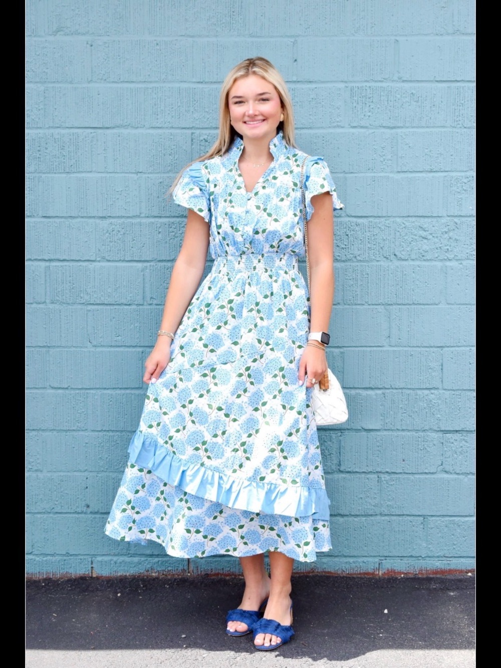 Blue Floral Ruffle Midi Dress - Brand: